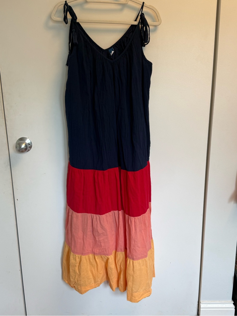 Navy Color Block Navy Red Orange Maxi Tiered Cami Swing Beach Dress